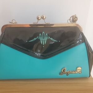 Sourpuss Black and Teal Clutch with Skull Detail